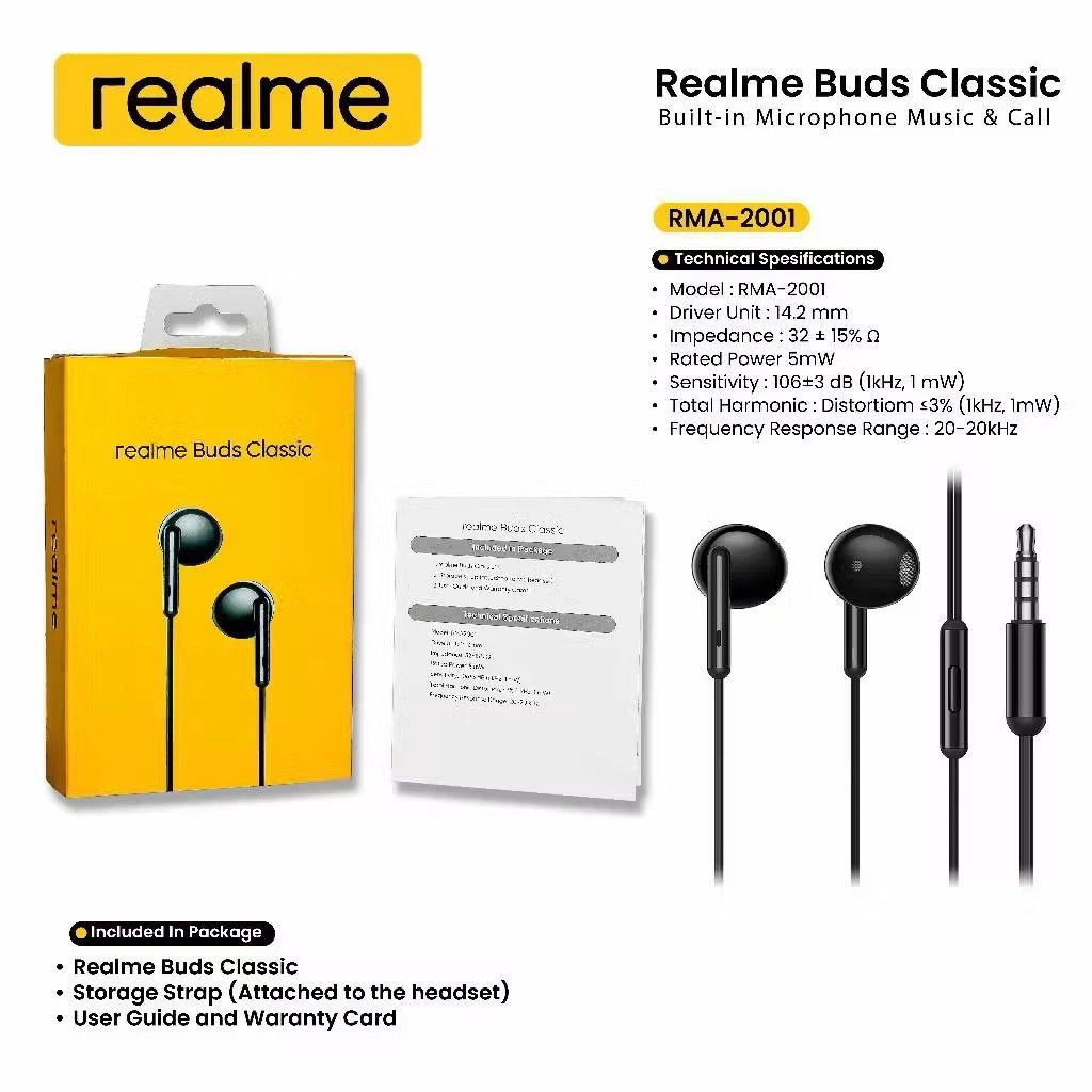 Headset Handfree Realme Buds Classic Original Rma-2001 - With Mic Realme Earphone