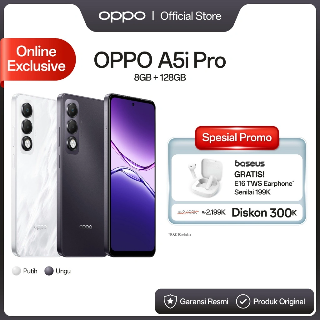 [BARU] OPPO A5i Pro 8GB/128GB Online Exclusive [IP65 Water-Resistant, 6000mAh Large Battery, 45W SUPERVOOC Flash Charge, Military-Grade Shock Resistance]]