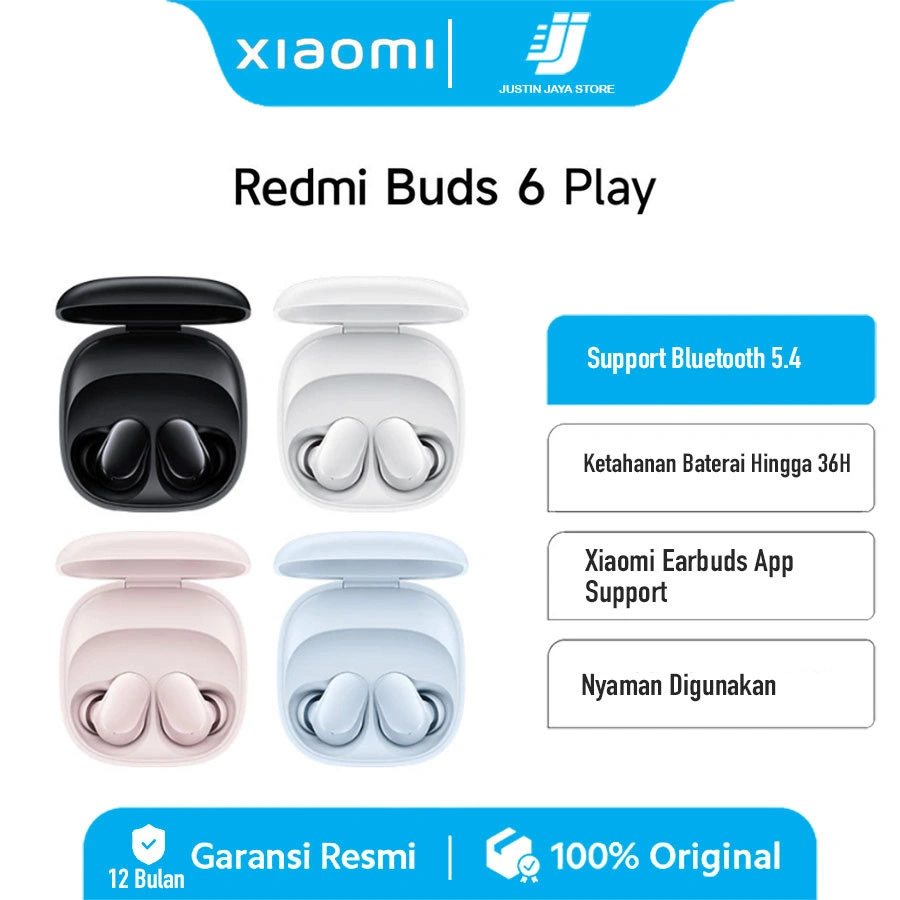 Xiaomi Redmi Buds 6 Play | Bluetooth 5.4 | Baterai Hingga 36 Jam | Xiaomi Earbuds App Support | Nyaman Digunakan