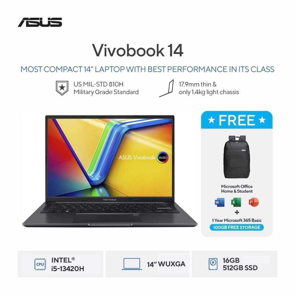 [FREE MOUSE] ASUS Vivobook 14 A1405VA-VIPS5151M - Indie Black [Intel Core i5-13420H / Intel UHD Graphics / 16GB / 512GB / 14inch / WIN11 / OHS24 / M365]