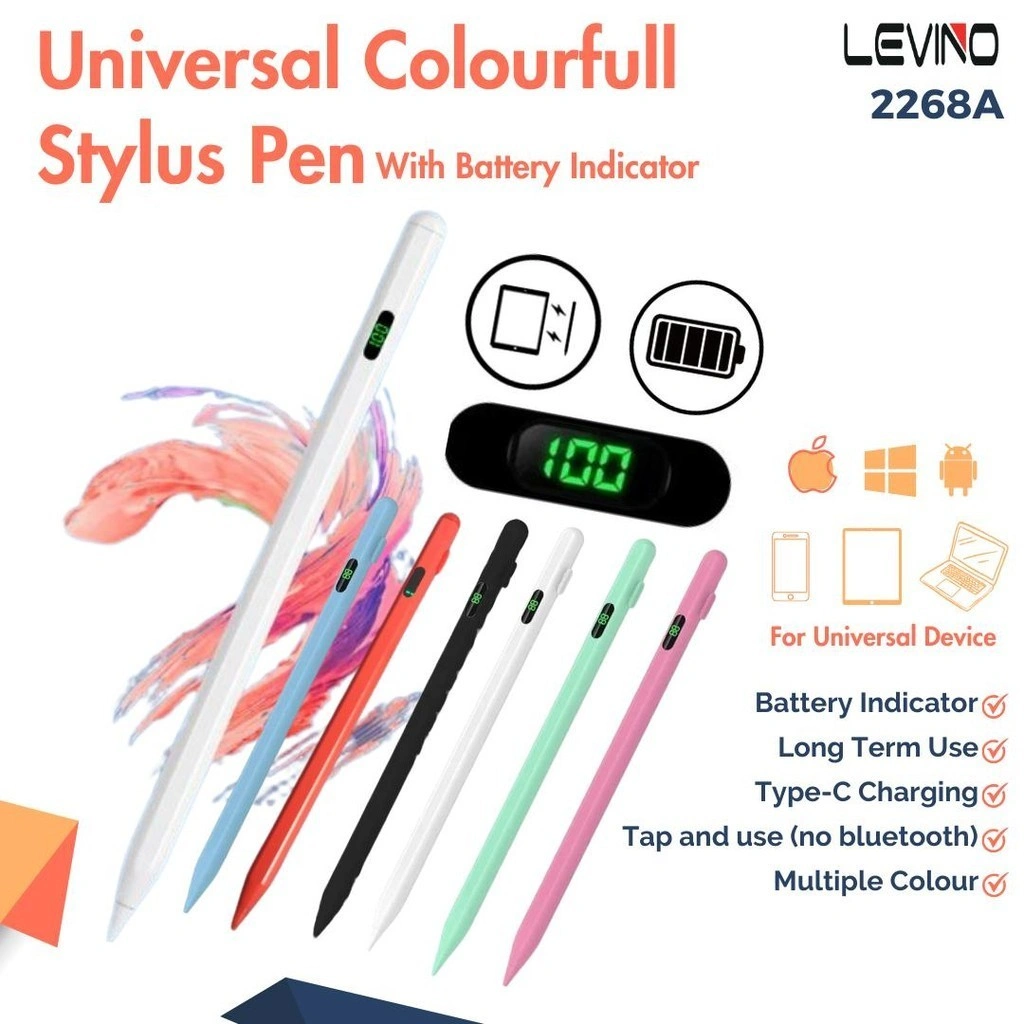 LEVINO Stylus Pen LED Power Display Universal Pen for IPad Samsung Xiaomi Huawei /Android Tablet Smartphone