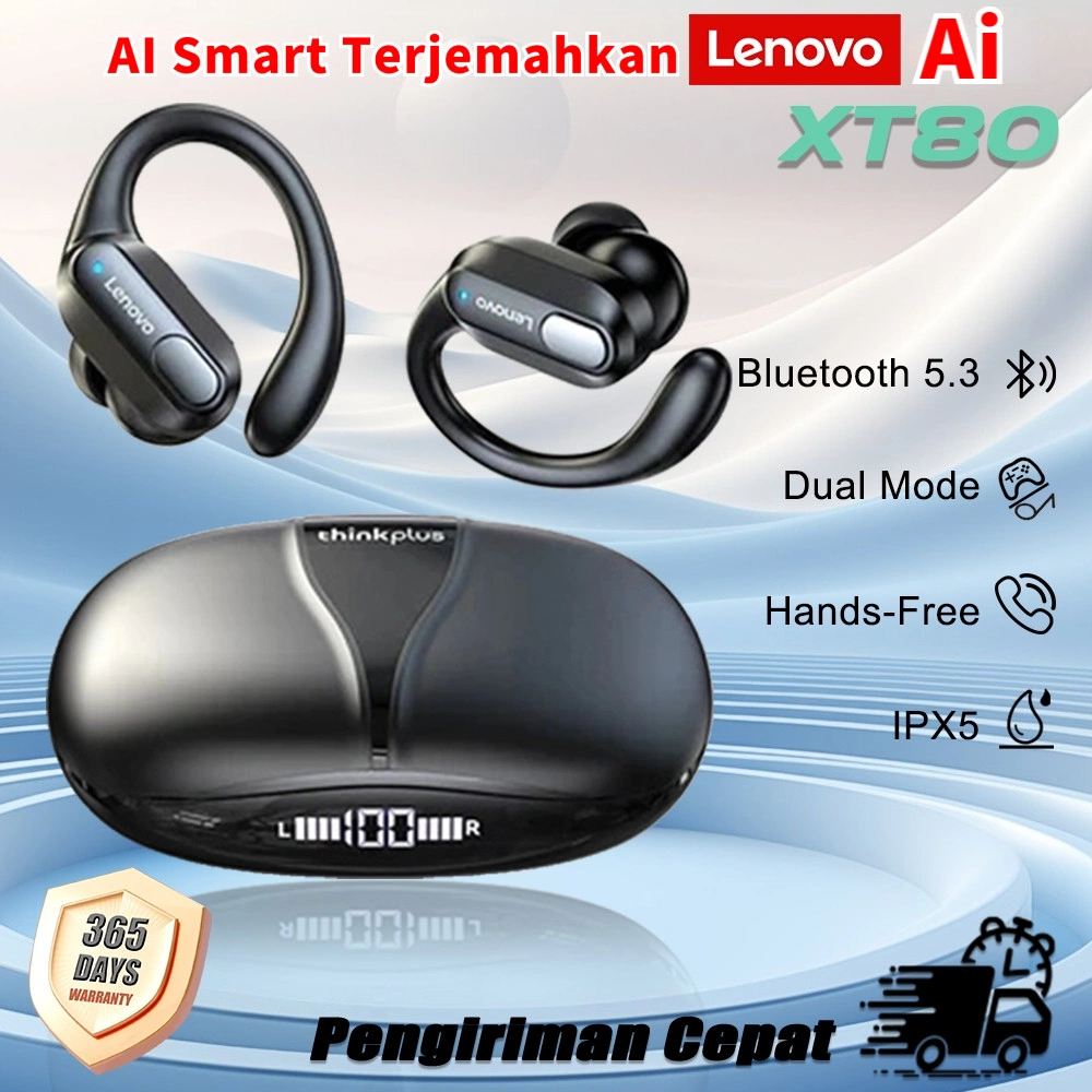 Lenovo Thinkplus XT80 AI Smart Terjemahkan TWS Headset Bluetooth 5.3 True Wireless Sports Earphone Noise Reduction