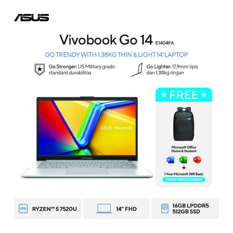Asus Vivobook E1404FA-VIPS5153M R5-7520U/UMA/16GB/512GB/Cool Silver/VIPS/FHD /OPI 2024 + FREE M365/Win 11/Non-upgrade/Backpack///