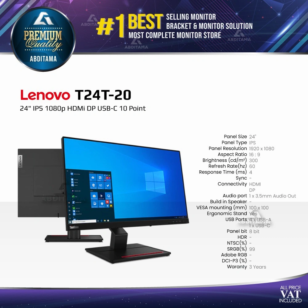 LENOVO Thinkvision T24T-20 24" IPS FHD 1080p 60Hz HDMI1.4x1 DP1.2x1 USB-C Touch