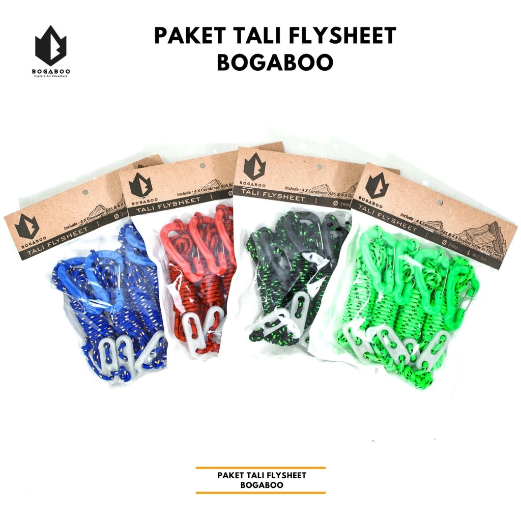 Paket tali flysheet BOGABOO - PAKET TALI BIVAK SET - karabiner abs - guyline glow in the dark - tali perusik 3 MM  - paket tali tenda - paket tali tiang flysheet - TALI OUTDOOR