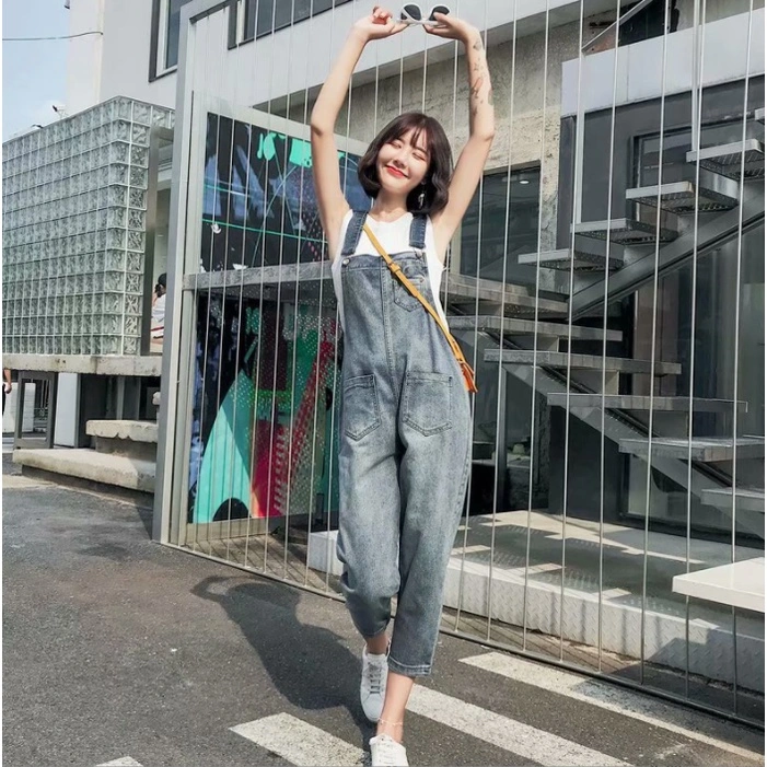 Overall denim panjang Jumpsuit Celana panjang Jumpsuit Wanita Fashion Simple lucu jumpsuit longgar versi korea wanita Korean Style