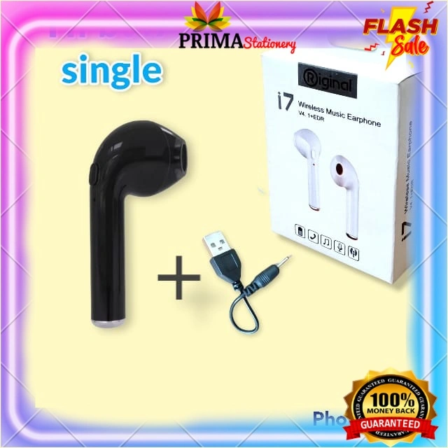 HEADSET HANDSFREE EARPHONE BLUETOOTH WIRELESS  I7 SINGLE + KABEL + PACK (HANYA SEBELAH!!) untuk hp xiaomi samsung vivo oppo huawai infinix 