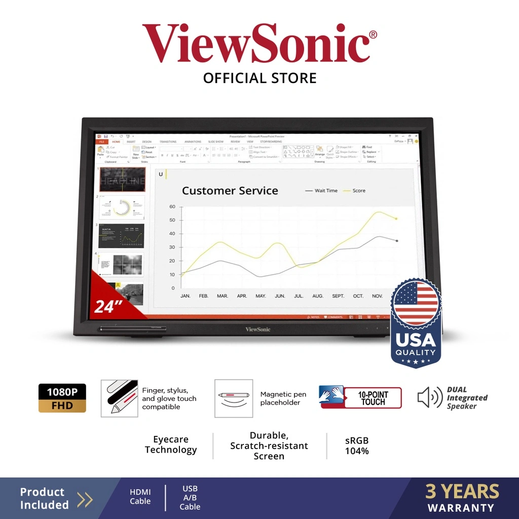 ViewSonic 24” IR Touch Monitor TD2423 10-Point Touch HDMI-VGA 7H Hardness Windows Linux