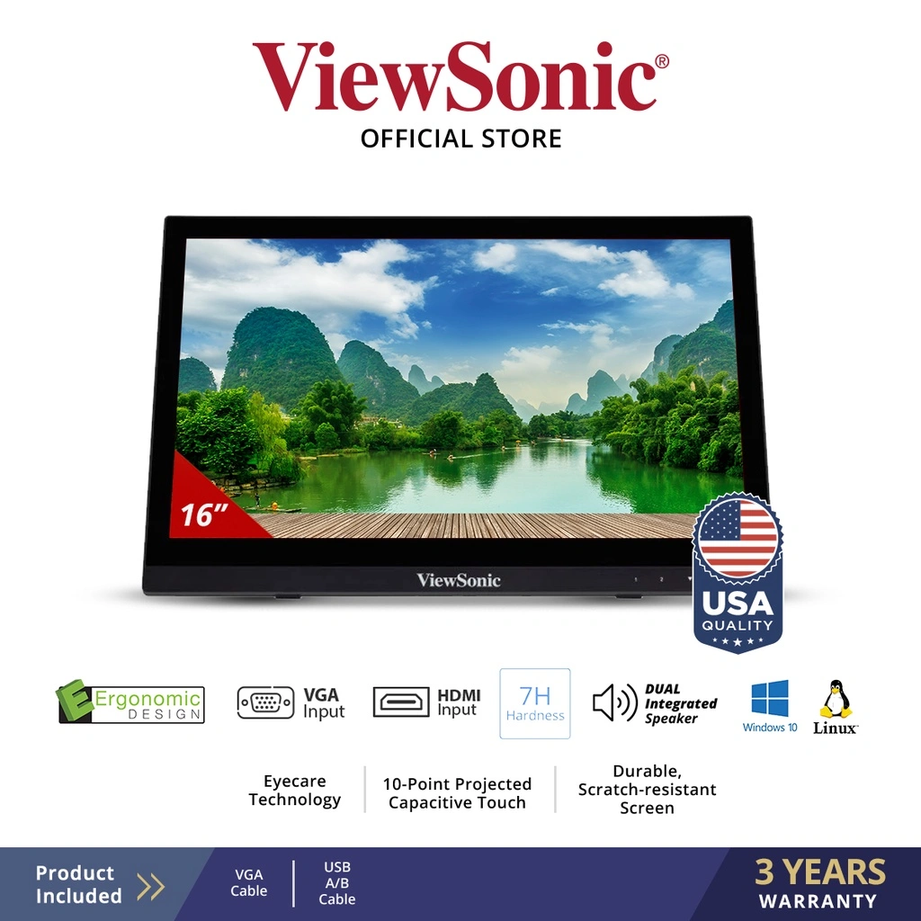 ViewSonic 16" Touch Screen Monitor TD1630-3 10-Point Touch HDMI-VGA 7H Hardness Windows Linux