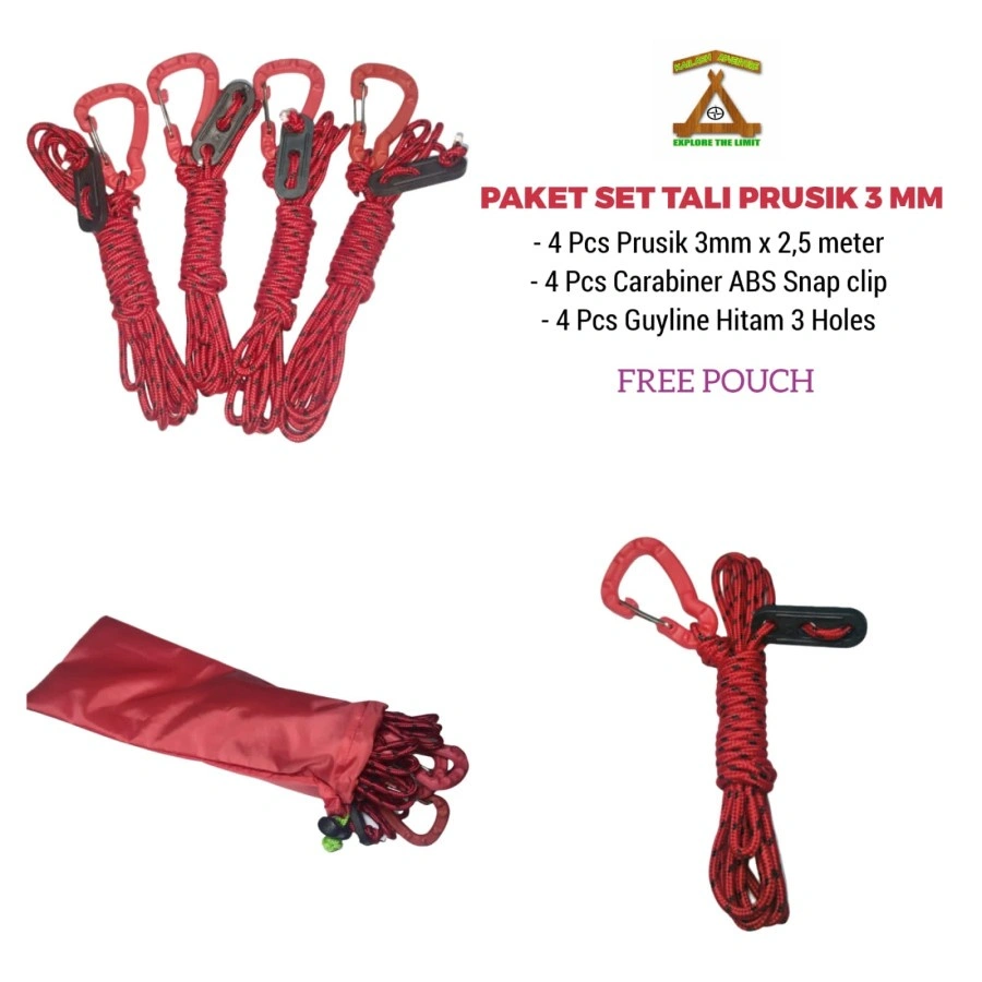 PAKET TALI PRUSIK FOR TENDA DAN FLYSHEET 3MM ISI 4PCS WITH CARABINER STOPPER DAN SARUNG