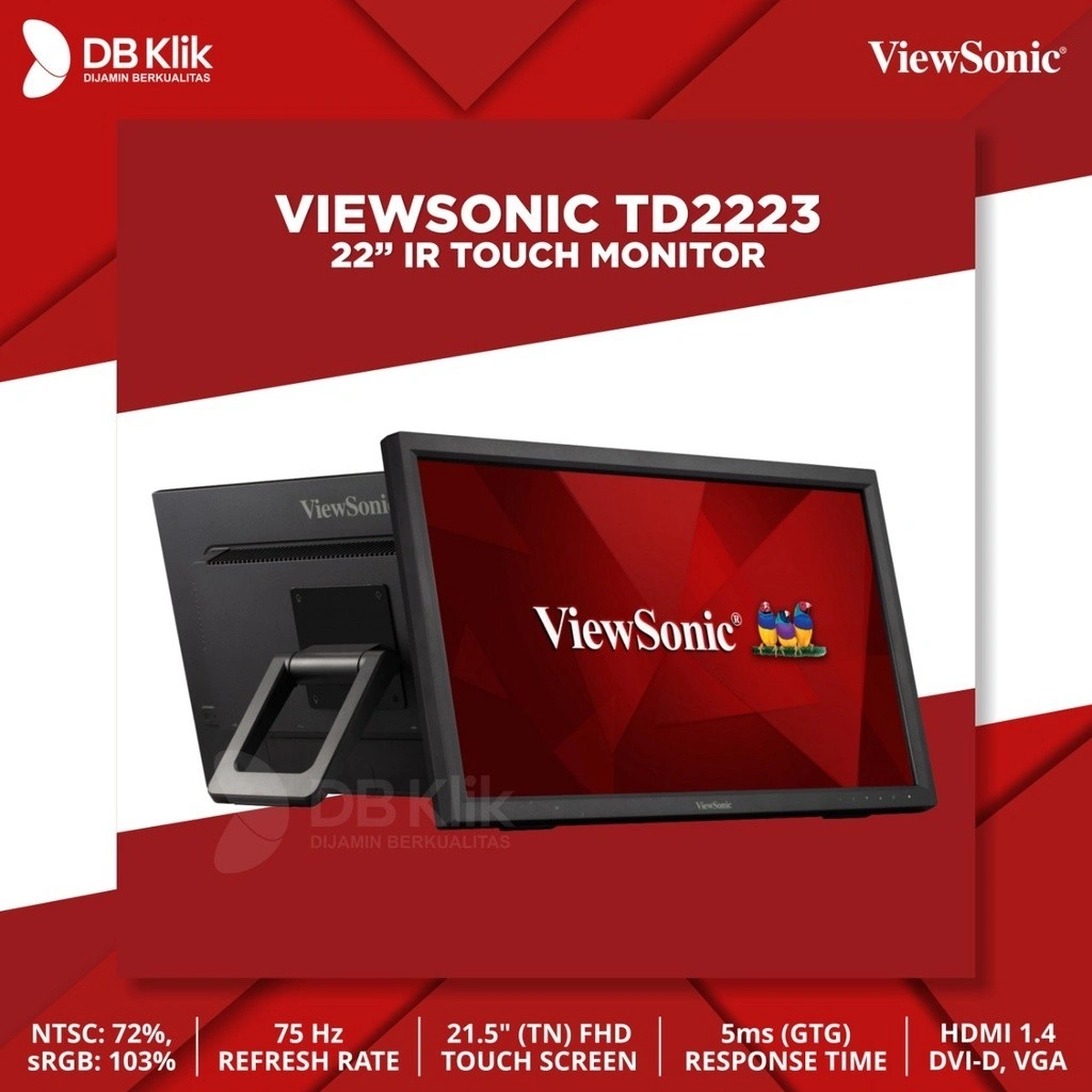 VIEWSONIC LED Monitor TD2223 22" TN FHD 75Hz 5ms Built in Speaker Touch HDMI VGA DVI-D