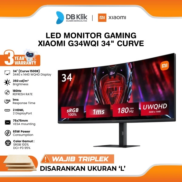 XIAOMI LED Monitor Gaming G34WQI 34" VA WQHD Curve 1500R 180Hz 1ms AMD Freesync HDMI DP