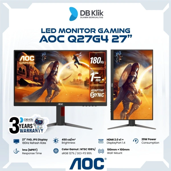 AOC LED Monitor Gaming Q27G4 27" IPS QHD 180Hz 1ms AMD FreeSync HDR400 Full Ergonomic Stand HDMI DP