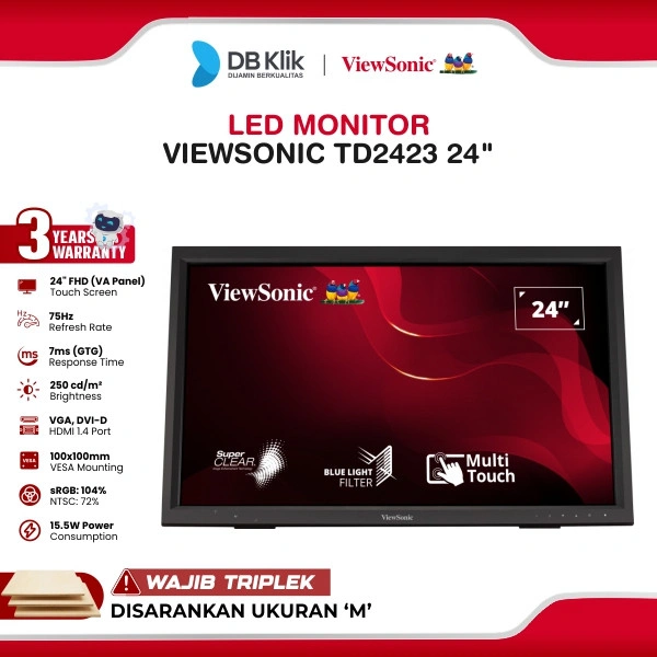 VIEWSONIC LED Monitor TD2423 24" VA FHD 75Hz 7ms Built in Speker Touch HDMI VGA DVI-D