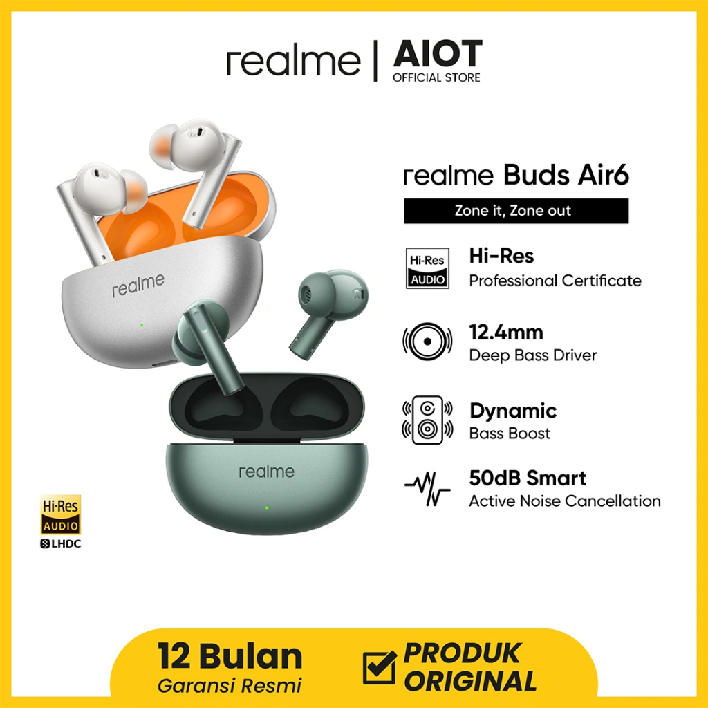 (Pilihan Resmi,Event Waktu Terbatas!) realme buds air 6 TWS earphone headest 4000Hz Ultra-wide Band Noise Cancellation| 40 Hours of Playback | Bluetooth 5.3 |  Intelligent Touch Controls | IP55 Water Resistant (Garansi 12 Bulan,Aman Digunakan,2025!Laris)