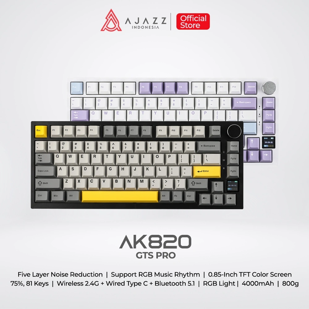 Ajazz AK820 GTS PRO 75% Keyboard Gaming Mechanical Wireless 3-Mode RGB Hotswappable 5 pin Gasket Mount with TFT LED