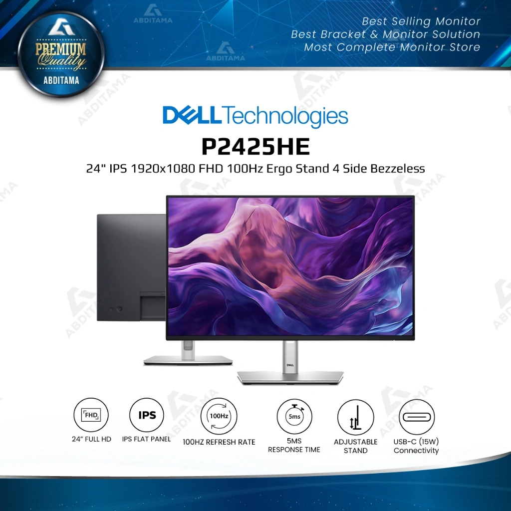 Monitor Dell P2425HE 24" IPS 1920x1080 FHD 100Hz HDMI DP USB-C 90W Full Ergonomic Stand 4 Side Bezzeless