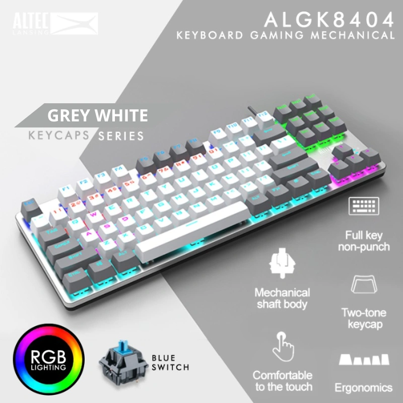 Keyboard Gaming Altec Lansing ALGK-8404 Grey White - Ten Key Less Keyboard (TKL) LED RGB/Rainbow / Mechanical Keyboard / Blue Switch / Koneksi USB Kabel / Kompatibel untuk Windows & MacOS