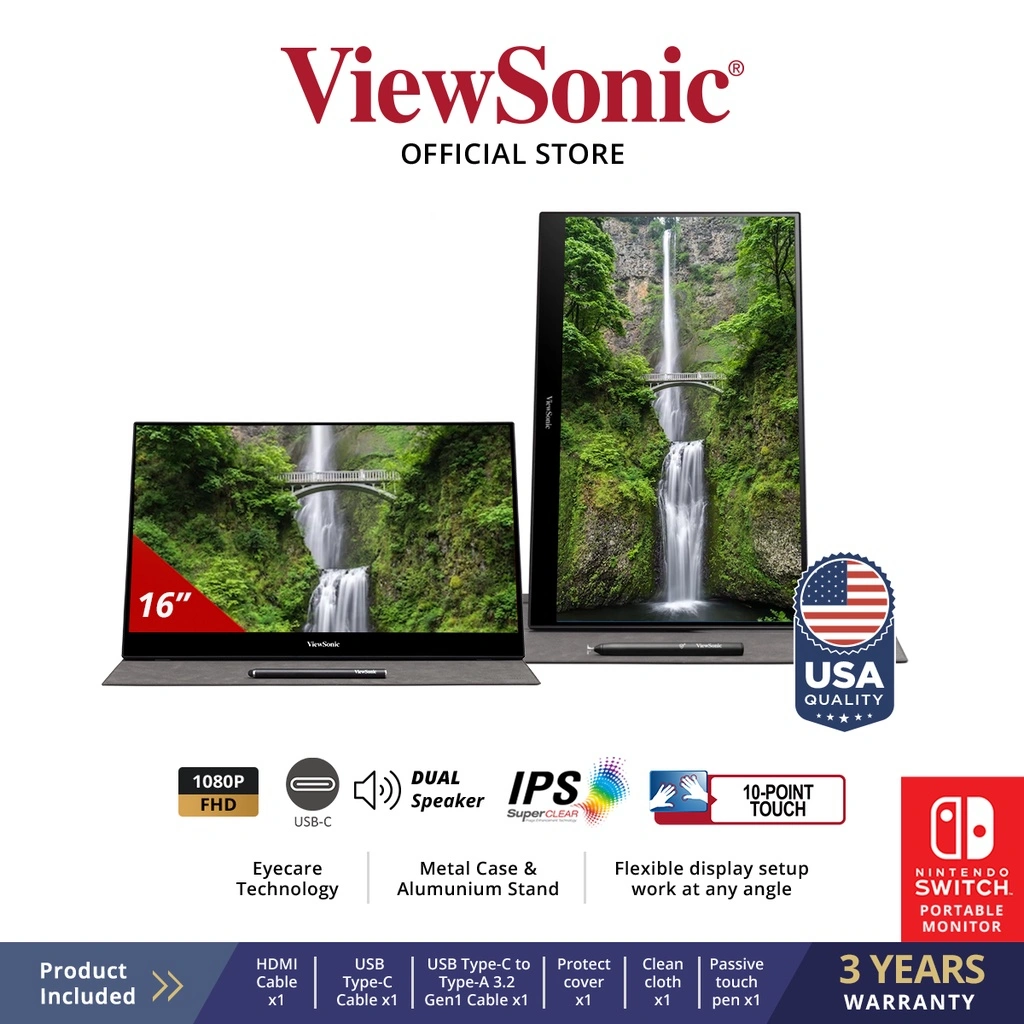 ViewSonic TD1655 - 15.6" Portable Touch Monitor |  1080p | USB-C | Frameless | Built-in Stand