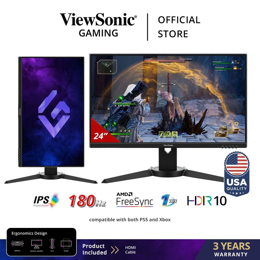 Monitor Gaming ViewSonic XG2409 24" FHD IPS 180Hz 1ms HDR10 AMD FreeSync Ergonomic Stand