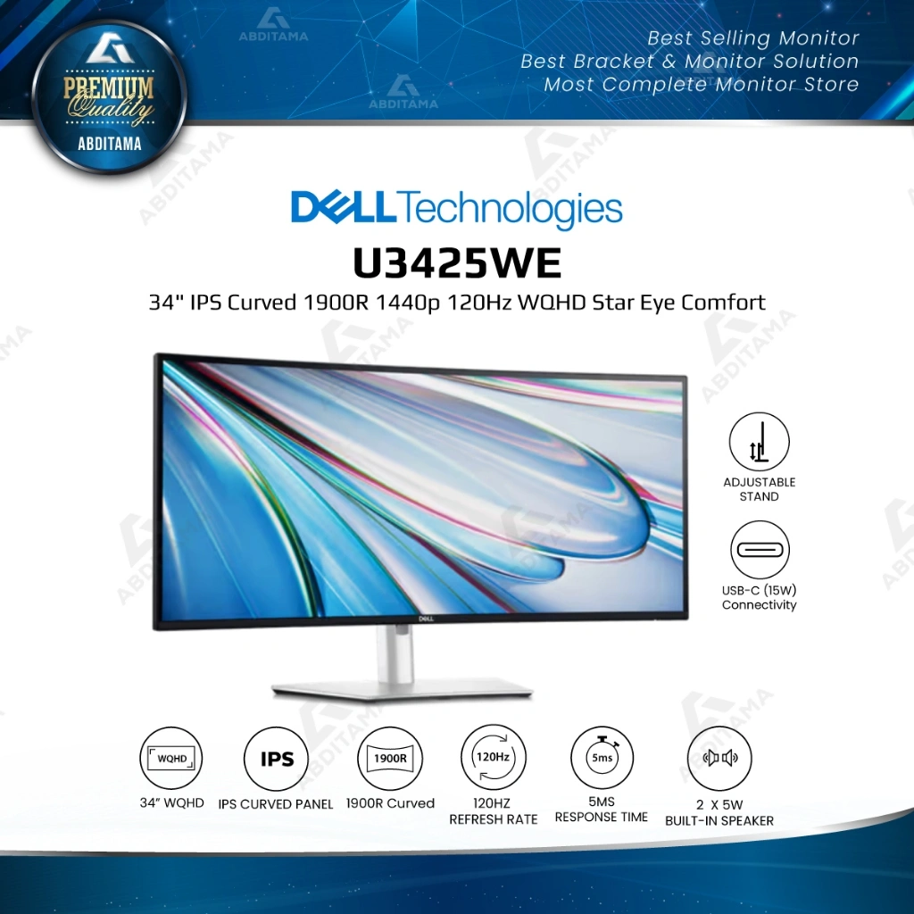 Monitor LED Dell Ultrasharp U3425WE 34" IPS Curved 1900R 1440p 120Hz WQHD HDMI DP Thunderbolt USB-C 90w Daisy Chain USB-Hub RJ45 2.5GbE KVM Speaker 5-Star Eye Comfort