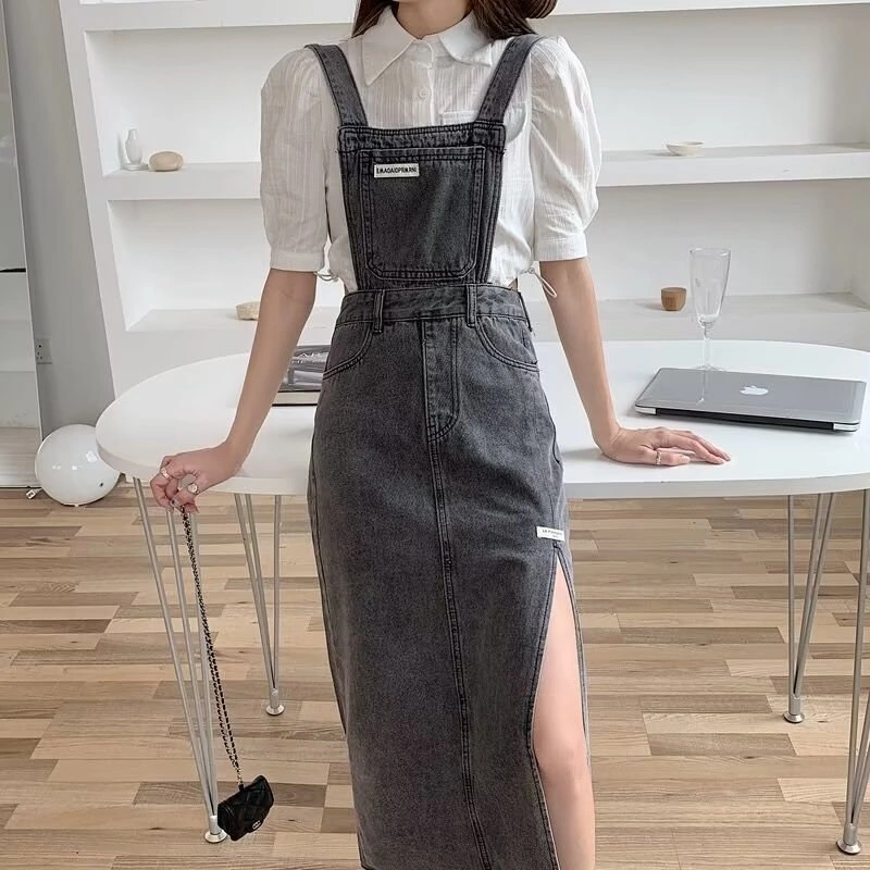 JUMPSUIT WANITA OVERALL SKIRT DENIM ROK KODOK BELAHAN SAMPING-JP008