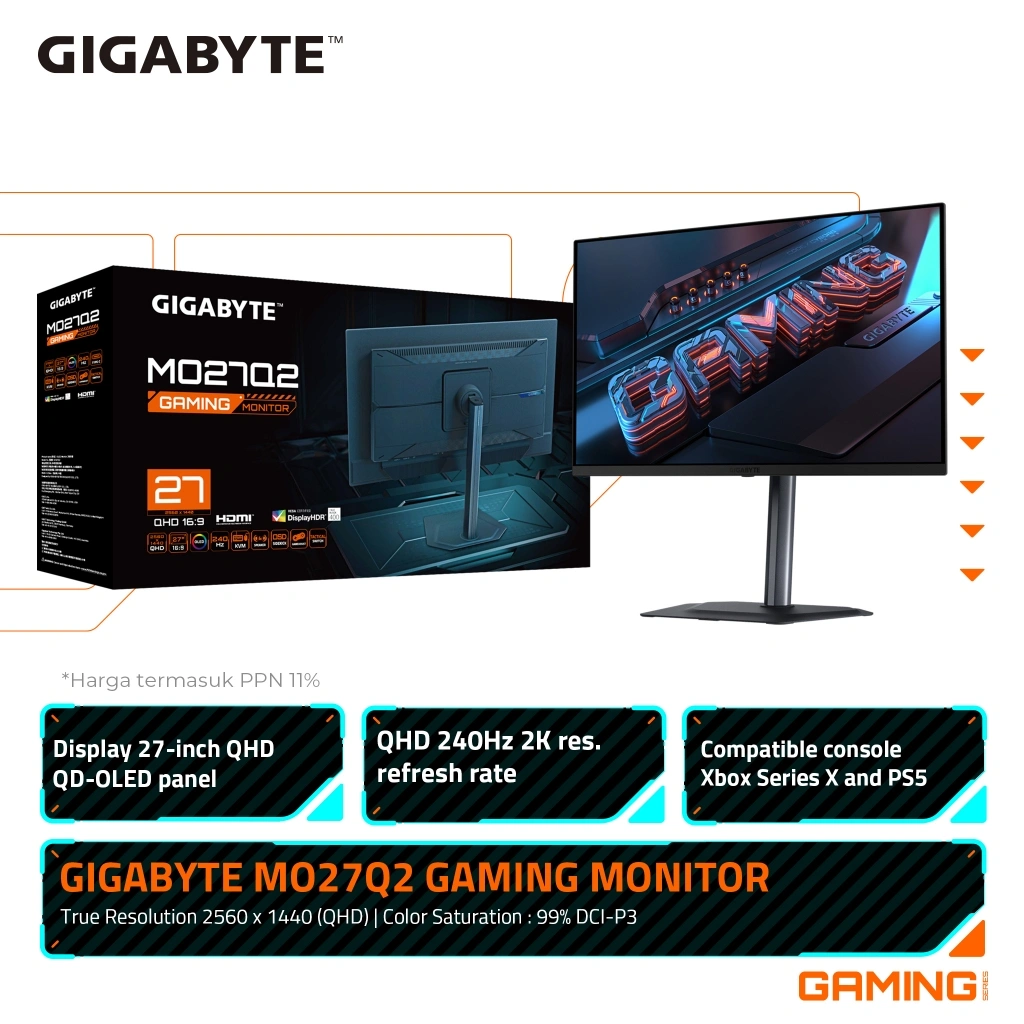Gigabyte MO27Q2 Gaming Monitor 27 Inch 2560 x 1440 QHD 240Hz QD-OLED