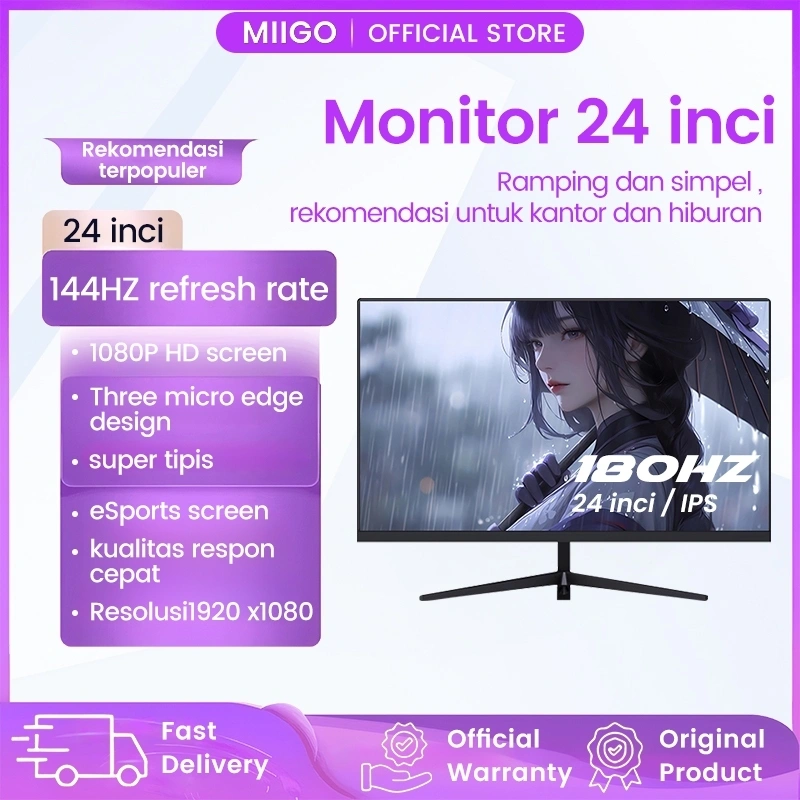 MIIGO- Monitor, Monitor Game Profesional, Monitor 24 Inci, Tampilan Lengkung, Panel IPS, (144HZ/165HZ) Kecepatan Refresh Tinggi, Tampilan HD