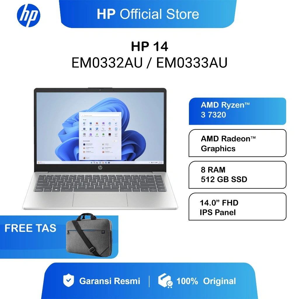LAPTOP HP EM0321AU EM0320AU AMD RYZEN 3 7320 8GB 512GB W11+OHS 14.0FHD IPS BLIT 2Y