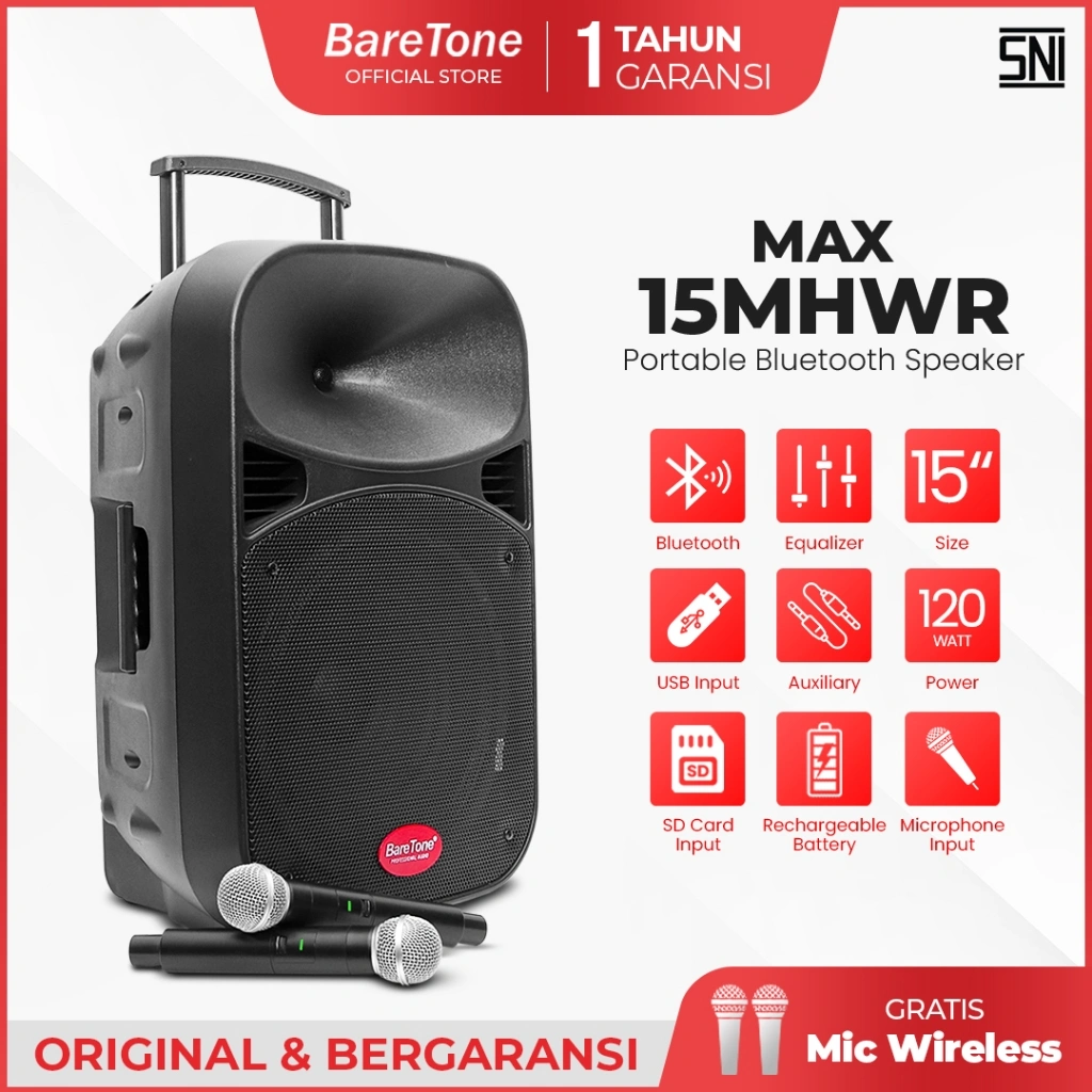 BareTone Speaker Portable MAX15MHWR Speaker Bluetooth 15 Inch Mini Portable Support Micro SD & USB -Garansi Resmi 1Tahun