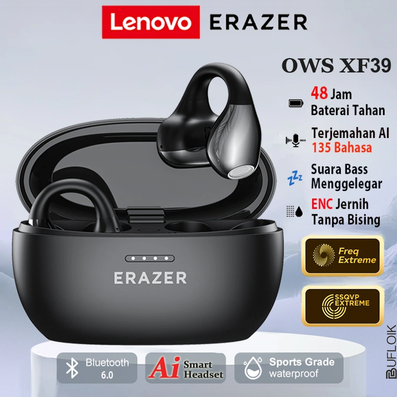 Lenovo ERAZER XF39 Translation Earbuds OWS Wireless Bluetooth 6.0 Ear Clips Terjemahan AI 134 Bahasa TWS Gaming Sports Headset