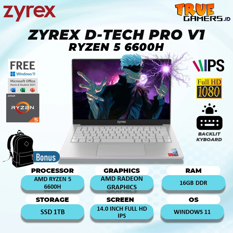 Laptop Zyrex D-Tech Pro V1 Ryzen 5 6600H 16GB 1TB SSD Windows 11+Office 14.0FHD Ips