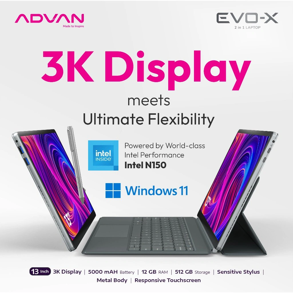 [FREE STYLUS PEN +KEYBOARD] ADVAN Laptop 2 in 1 EVO-X 16” / 13" Touchscreen Detachable 2.5K Display Intel i3-1215U/Intel N100/Intel N100 12GB/512GB Windows 11 - Garansi Resmi 1 Tahun