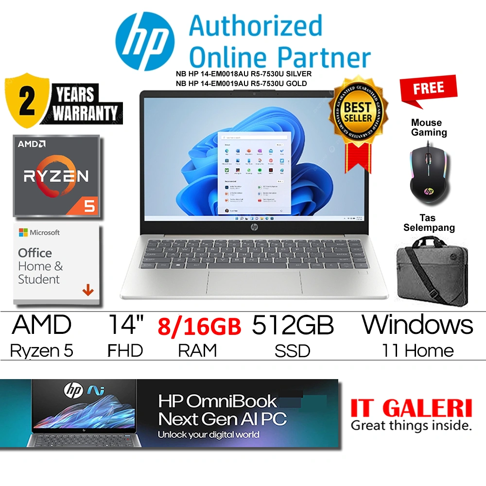 HP 14 em0018AU em0019AU Laptop - AMD Ryzen 5-7530U/2x4GB/512GB/14.0/BLK/WIN11+OHS2021/SILVER 7L9C9PA/GOLD 7L9D0PA