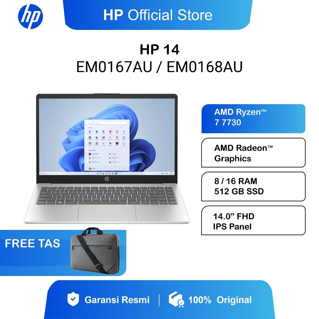 HP LAPTOP OFFICIAL AMD RYZEN 7 7730 16GB 512GB W11+OHS 14.0 FHD IPS BLIT 2Y - EM0167AU