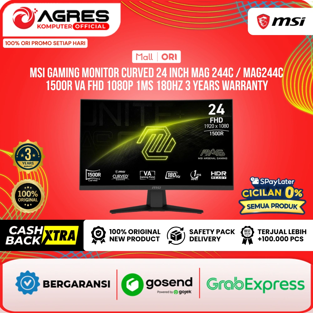 MSI GAMING MONITOR CURVED 24 INCH MAG 244C / MAG244C 1500R VA FHD 1080P 1MS 180HZ 3Y