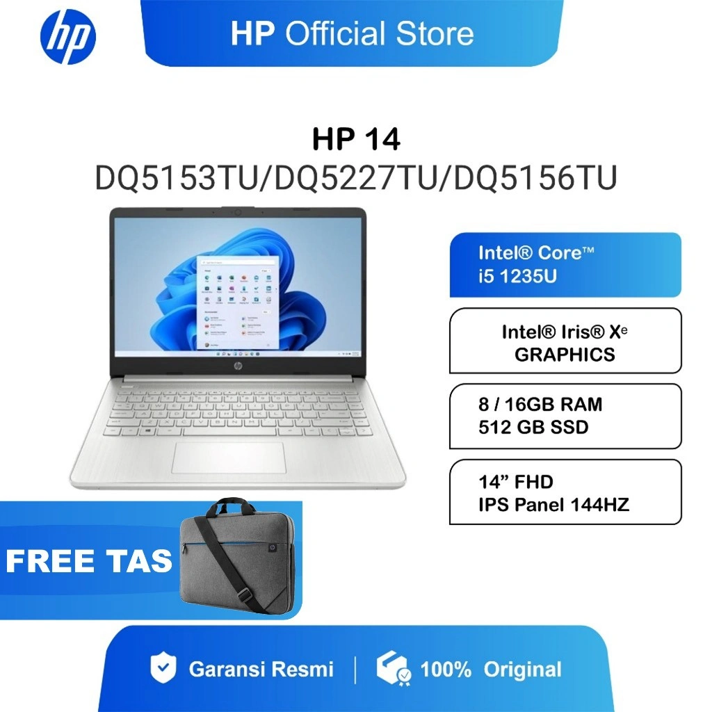 Laptop HP Intel Core 5 120U 8GB / 16GB RAM 256GB / 512GB SSD Silver Windows 11 Home 14 Inch Gen 12 Garansi 2 Tahun EP0633TU EP0611TU