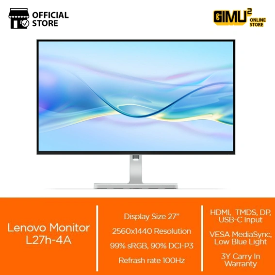 Monitor LED LENOVO L27H-4A 27" IPS 1440p QHD 2K 100Hz HDMI 2.1x2 DP 1.4x1 USB-C 75w Speaker Full Ergonomic Stand Vesa 100x100