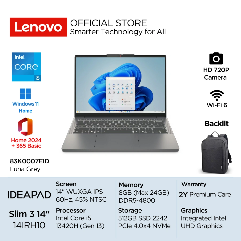 Lenovo IdeaPad Slim 3i 14IRH10 Intel Core i5 13420H Win11 8GB 512GB SSD 14" WUXGA IPS 300nits 60Hz 45% NTSC Integrated Backlit WiFi6 OHS HD720p 7EID 7DID Laptop 14inch Tipis Ringan Luna Grey 83K0007EID Blue 83K0007DID Garansi Resmi Windows Office 2024