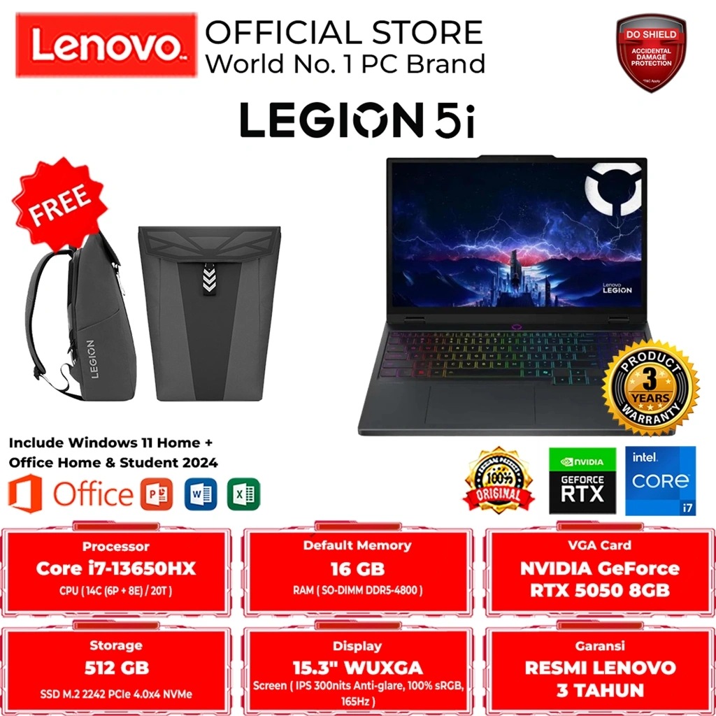 LENOVO GAMING LEGION 5i 15IRX10 E9ID INTEL CORE i7-13650HX 16GB 512GB RTX 5050 8GB GDDR7 WIN 11 HOME + OH 2024