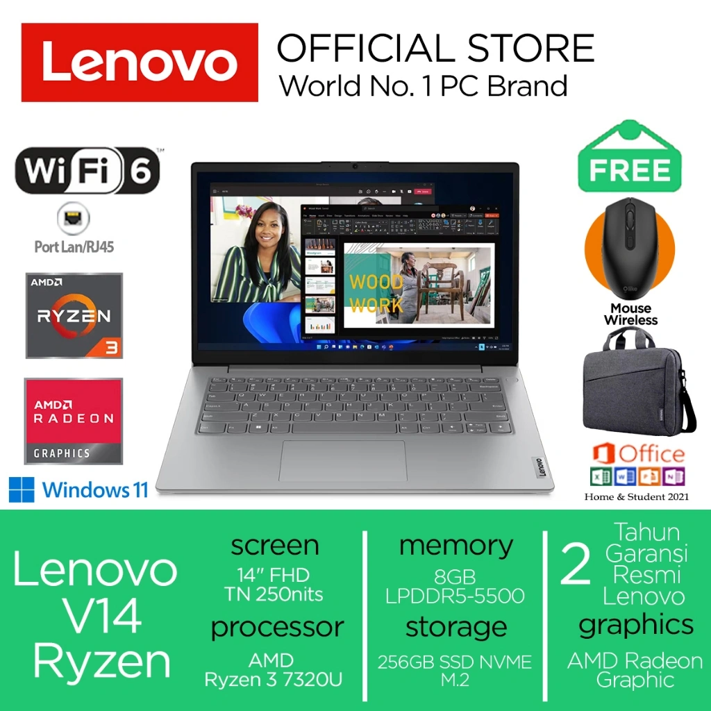 Lenovo V14 Ryzen 3 7320U 256GB/512GB SSD 8GB Win11+OHS Original