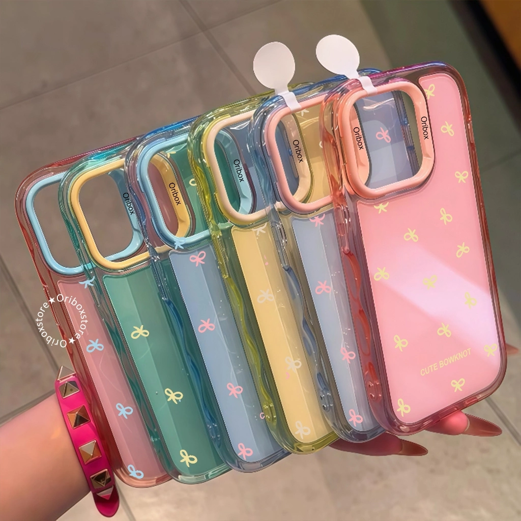 ORIBOX - Cute BowKnot 2 In 1 Colors Macaron Case Iphone - Softcase/ Case Hp Compatible For Iphone 11 12 13 14 15 16 17 17AIR Pro Plus Promax Pastel Case Full Cover Casing Pelindung Handphone RCI602