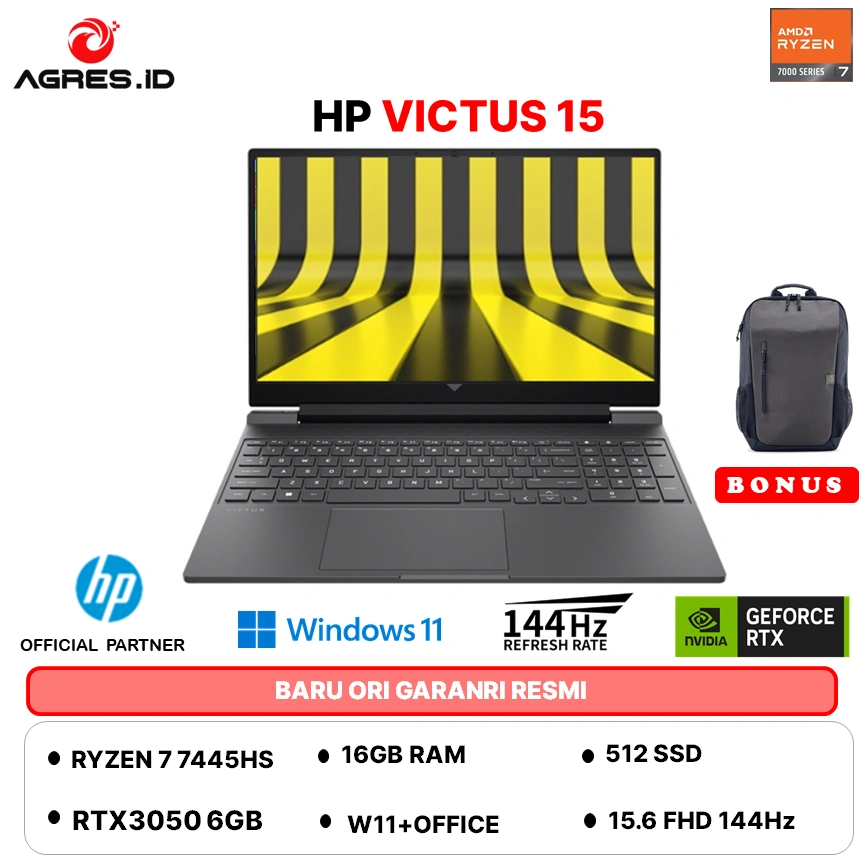HP VICTUS 15 RYZEN 7 7445HS RTX3050 6GB - RAM 16GB 512GB W11+OHS+M365B 15.6FHD 144HZ-FB3744AX