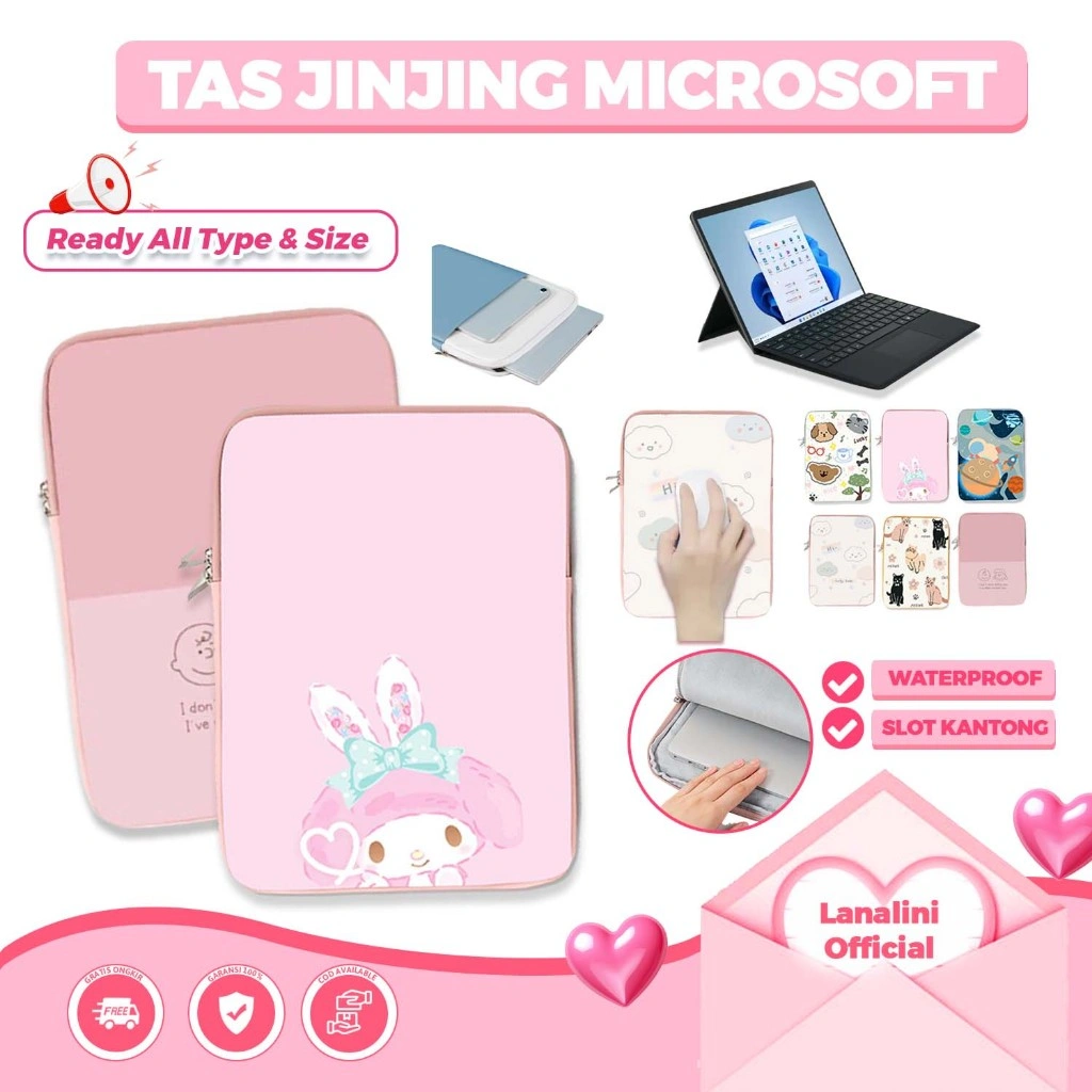 Tas Laptop  Tablet Microsoft Surface Pro 11 X 10 9 8 7 6 5 Go 1 2 3 4 10.5 11 12 13 Inch Wanita Lucu Estetik Warna Pastel Bunga Cherry Kucing Waterproof