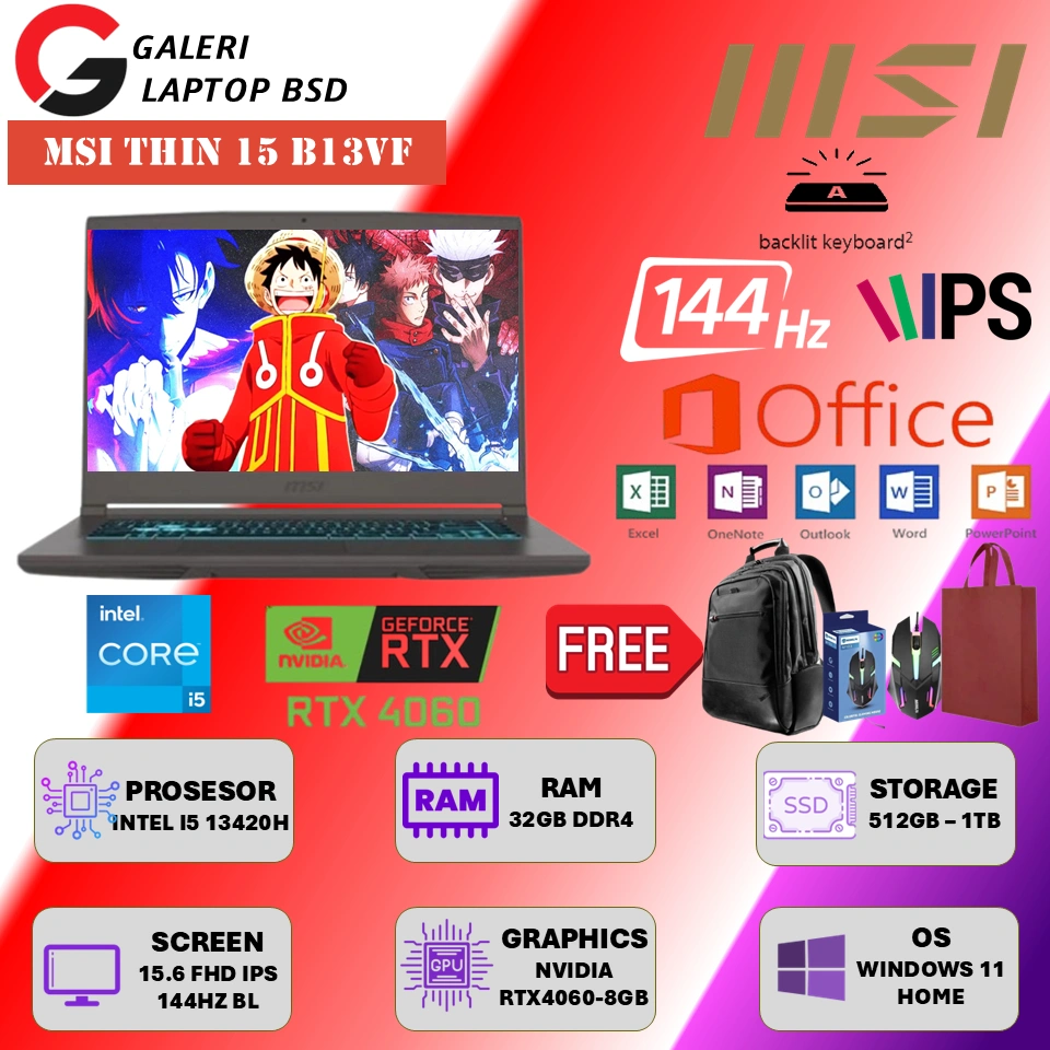 Laptop Gaming Msi Thin 15 B13VF Intel i5 13420H 32GB 1TB Ssd Nvidia Rtx4060 15 FHD 144Hz Windows 11