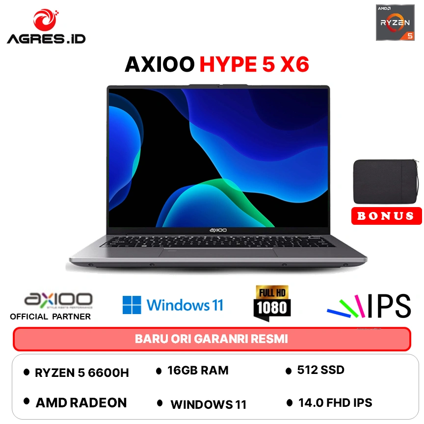 AXIOO HYPE 5 AMD X6 RYZEN 5 6600H 16GB 512GB W11+OFFICE PERMANEN 14.0FHD IPS BLIT HDMI GRY