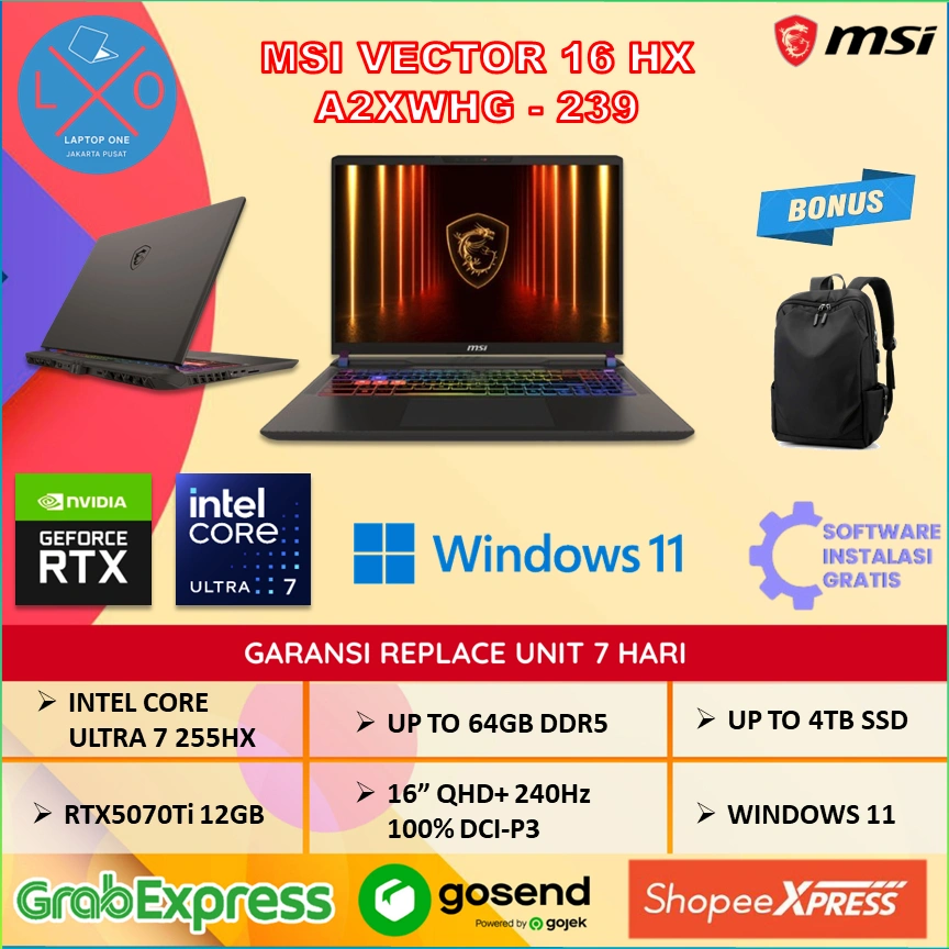 Laptop MSI Vector 16 HX RTX5070Ti 12GB Ultra 7 255HX 64GB 4TB 16" QHD+ 240Hz 100% DCI-P3 Windows 11
