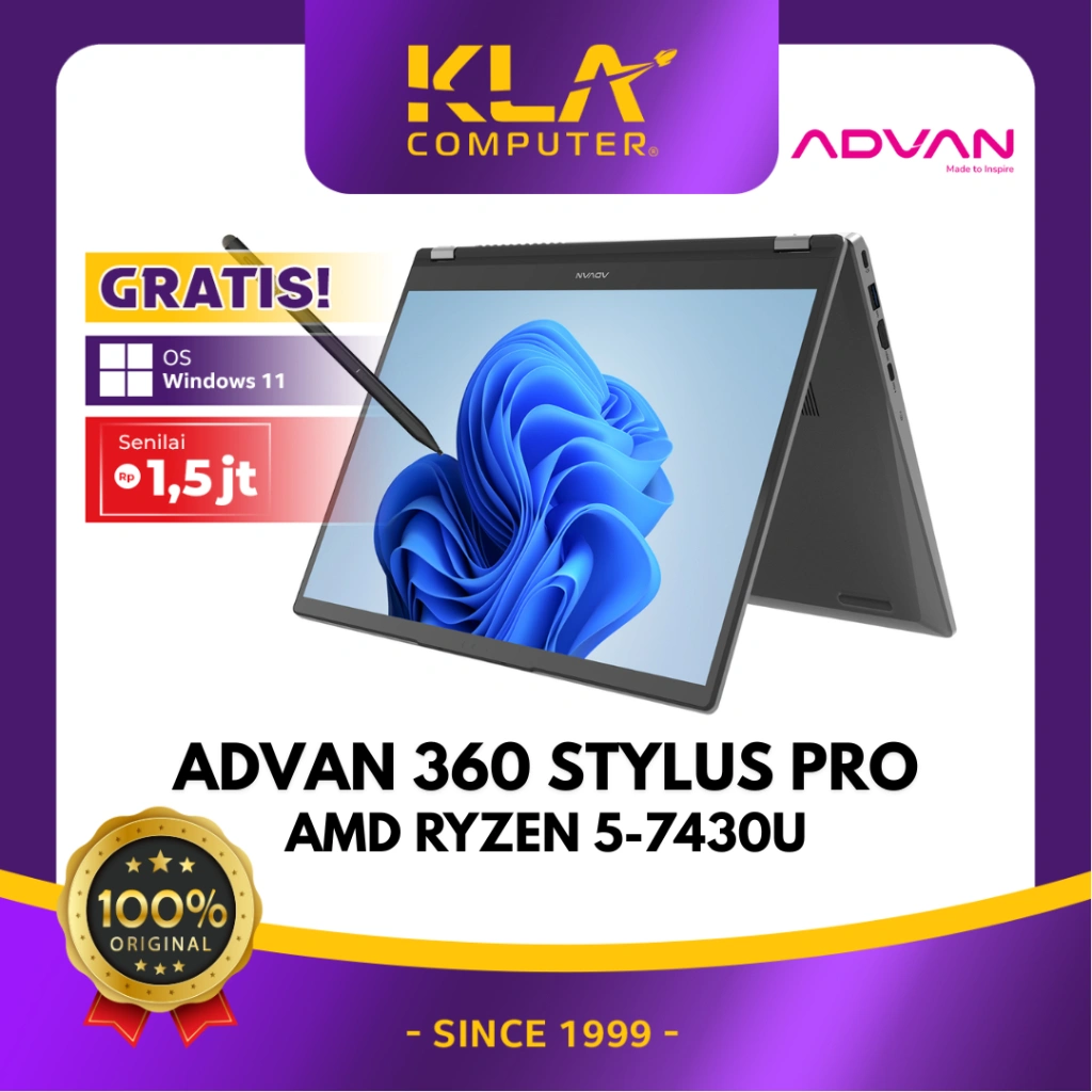 ADVAN Laptop 360 Stylus Pro Laptop 2 in 1 AMD Ryzen 5 7430U 14" IPS FHD Touchschreen 8GB 512GB SSD Upgradeable Windows 11 Original Garansi Resmi
