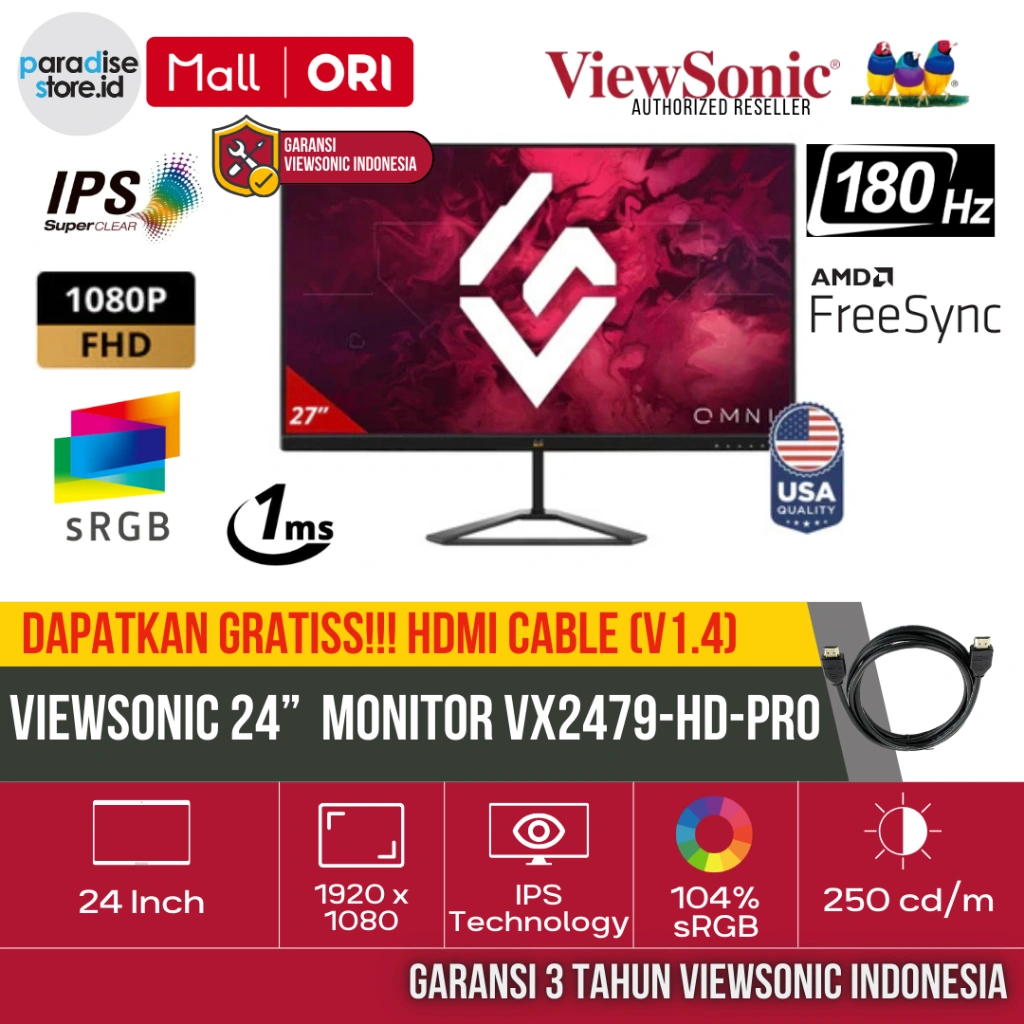 Monitor Gaming ViewSonic VX2479-HD-PRO  24" FHD IPS 180hz 1ms HDR10 VX2457A-HD-PRO 170hz VX2479A 240HZ