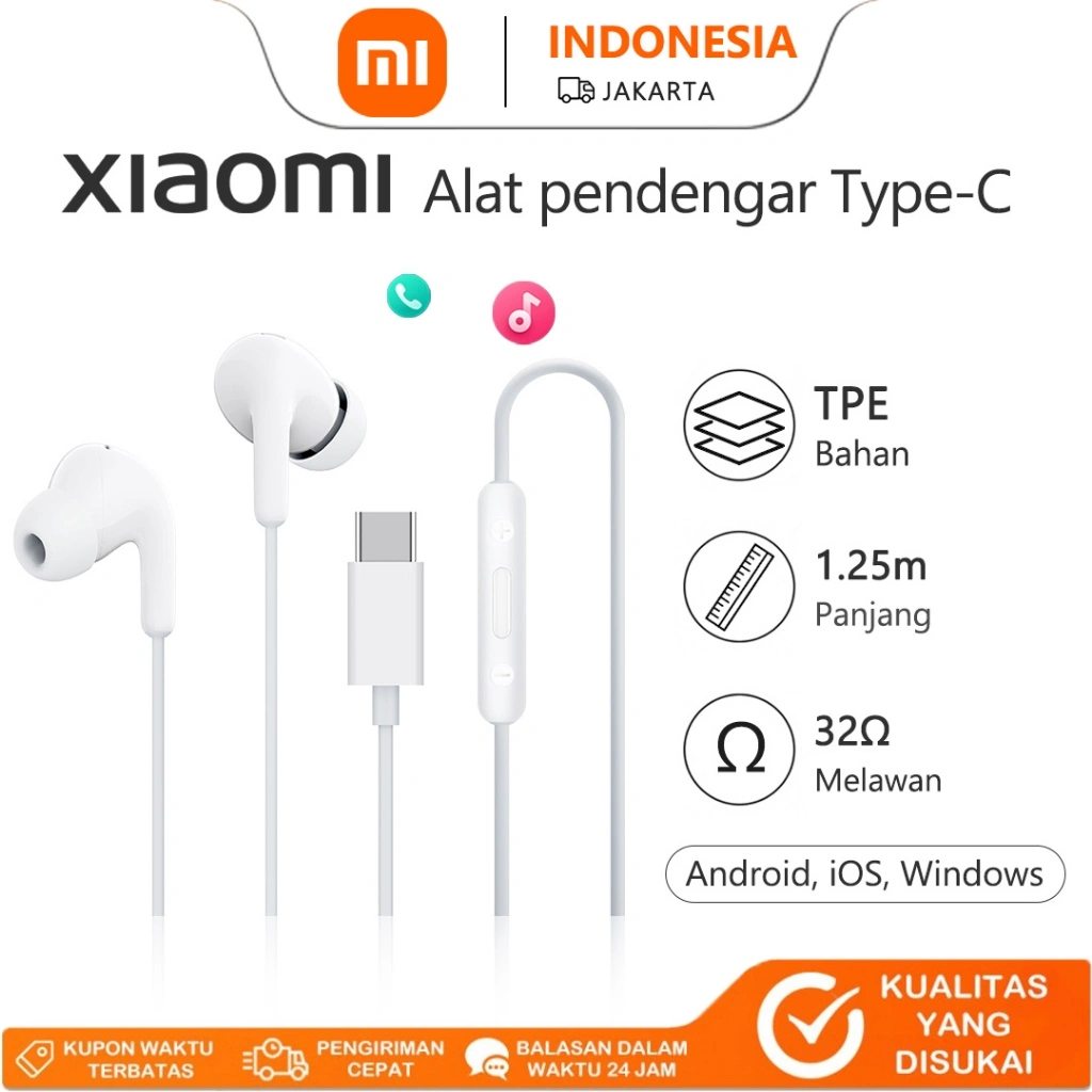 mi Type-C In-ear Wired Earphones Berkualitas Tinggi Pengurangan Kebisingan Cerdas, Cocok untuk Huawei Xiaomi Honor